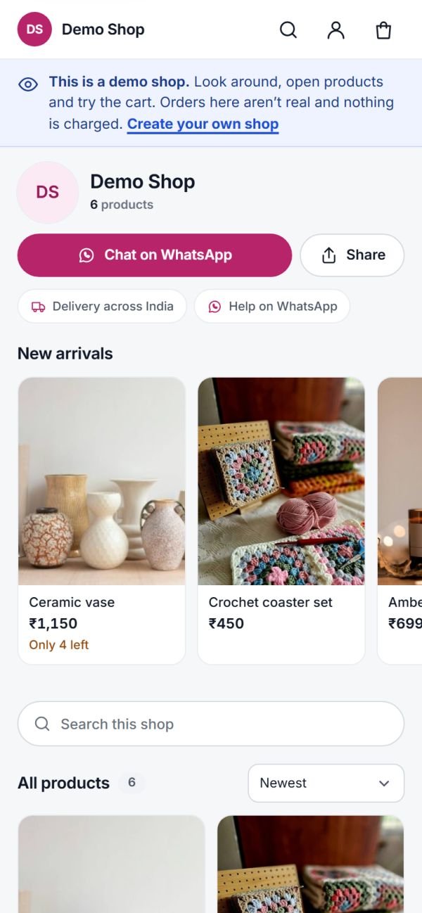 The demo shop on a phone: shop name, new arrivals and prices